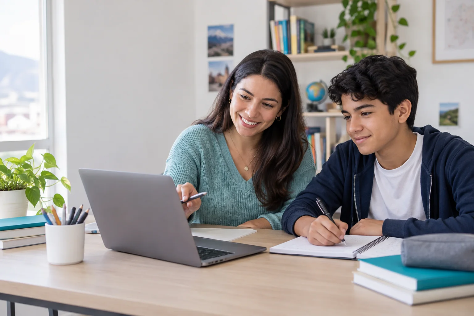 Profesora guiando a un estudiante durante una clase online
